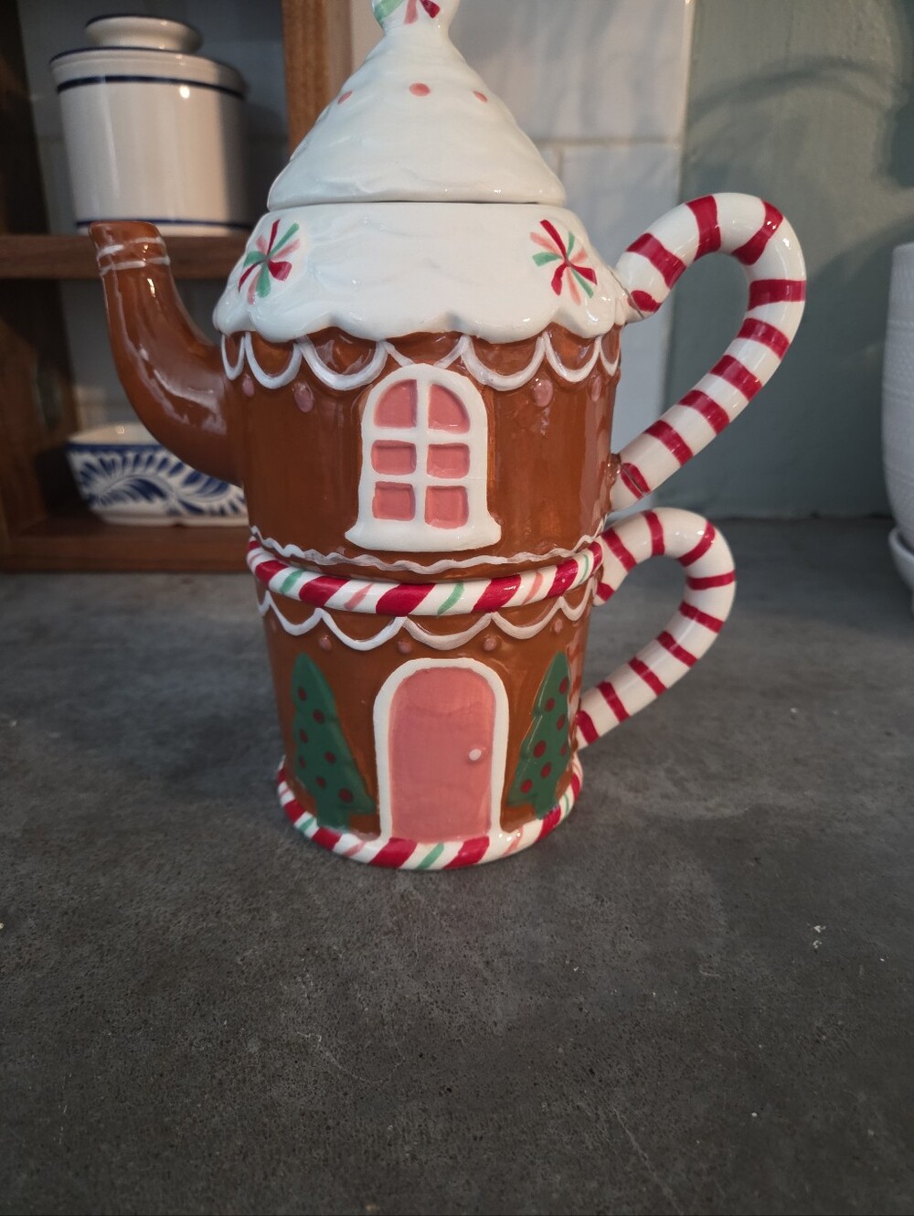 Lang Merry And Bright "Tea for One" Gingerbread House Stacking Teaset.